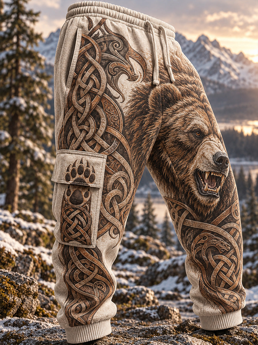 Herrmönstrade retrovåffladje i nordisk viking- och skandinavisk stil, avslappnade joggingbyxor