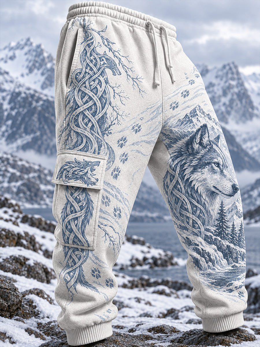 Herrmönstrade retrovåffladje i nordisk viking- och skandinavisk stil, avslappnade joggingbyxor