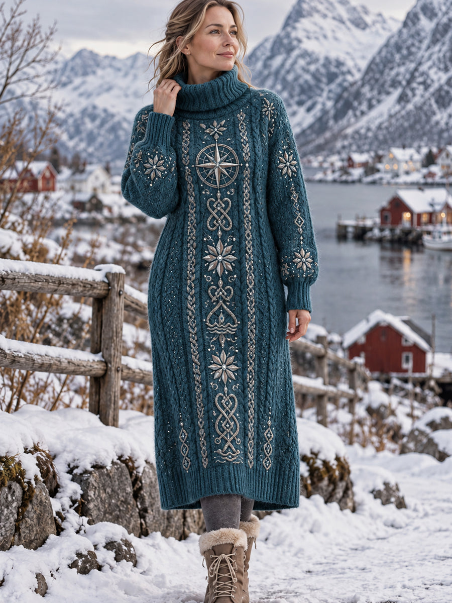 Kvinnlig vintageinspirerad klassisk klänning med hög hals i nordisk stil