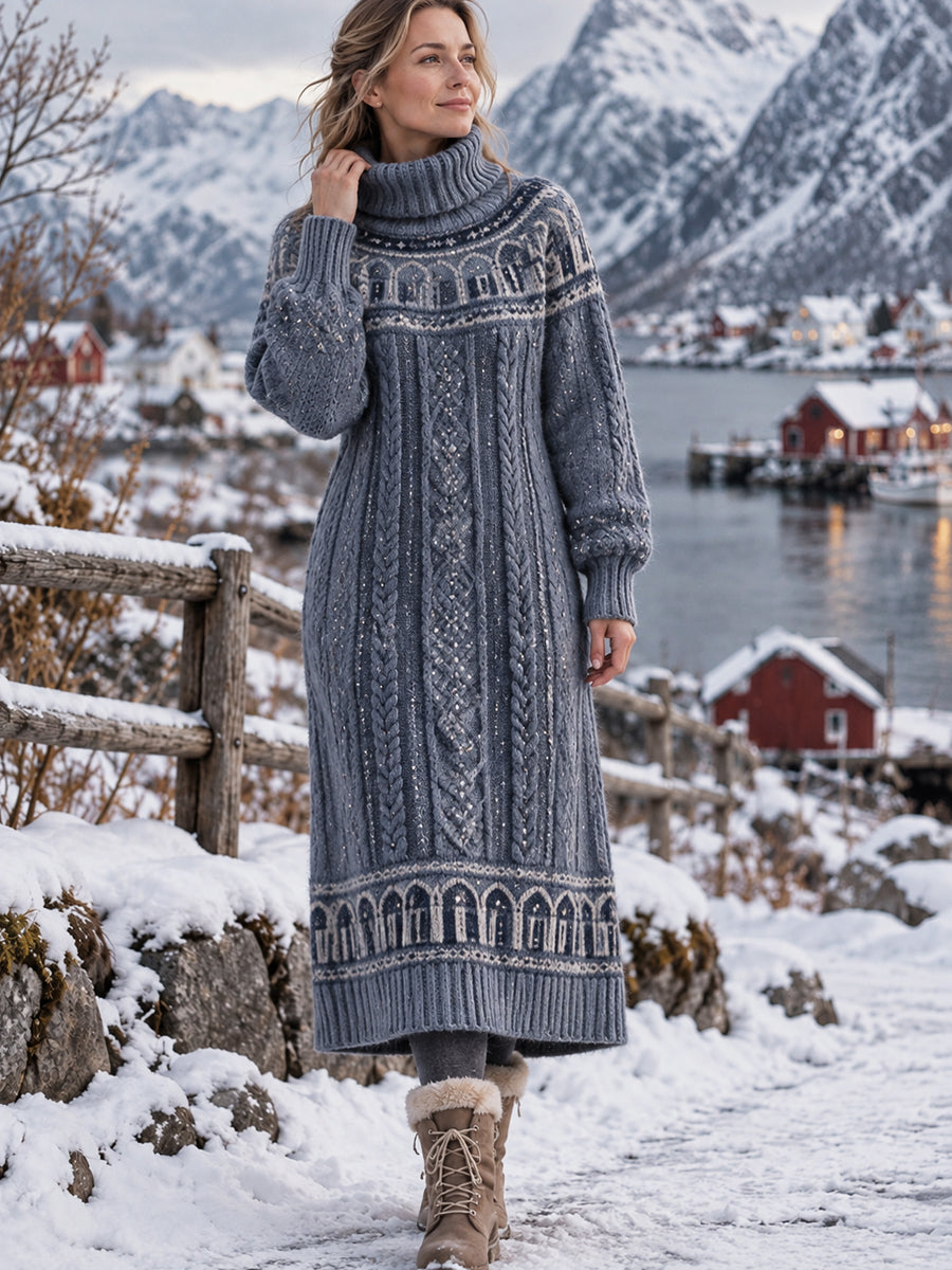 Dams Retro Nordiskt Motiv med Diamantmönster Artistisk Klänning med Högt Halsringning