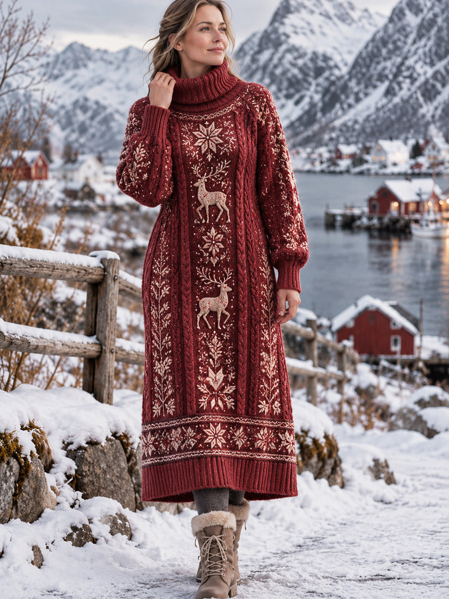 Dams Retro Nordisk Älg Klassisk Klänning med Högt Halsringning