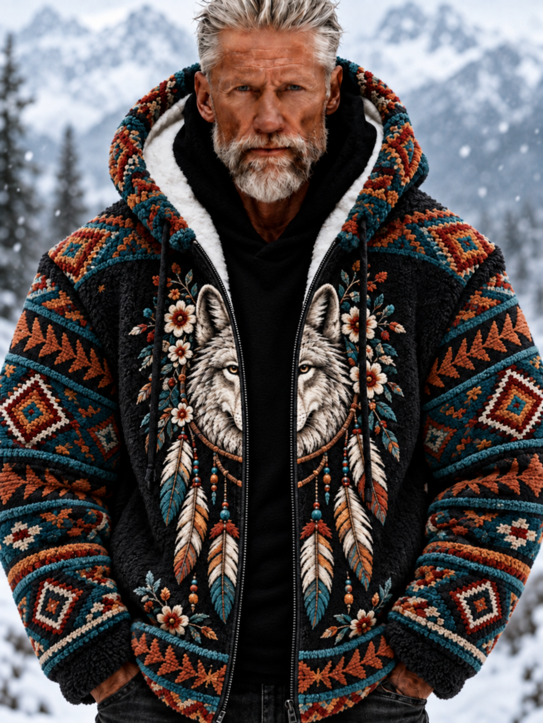 Mans Vintage Viking Varghuvud Aztekisk Tjock Flanelljacka