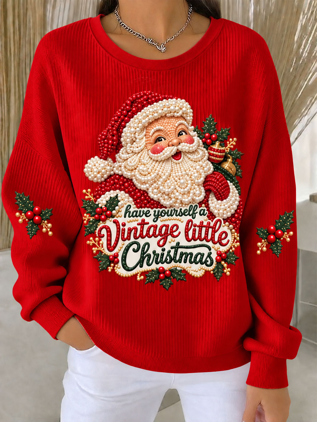 Kvinnors jul Jultomten Ribbed rund hals sweathirt