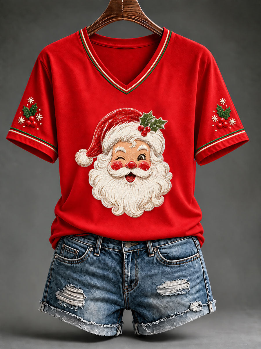 Kvinnlig jul-t-shirt med tomte och korta ärmarna