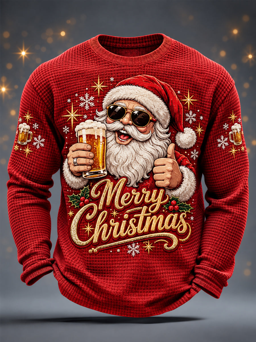 Mäns jul jultomten dryck öl Print Casual våffle Lång ärm T-shirt