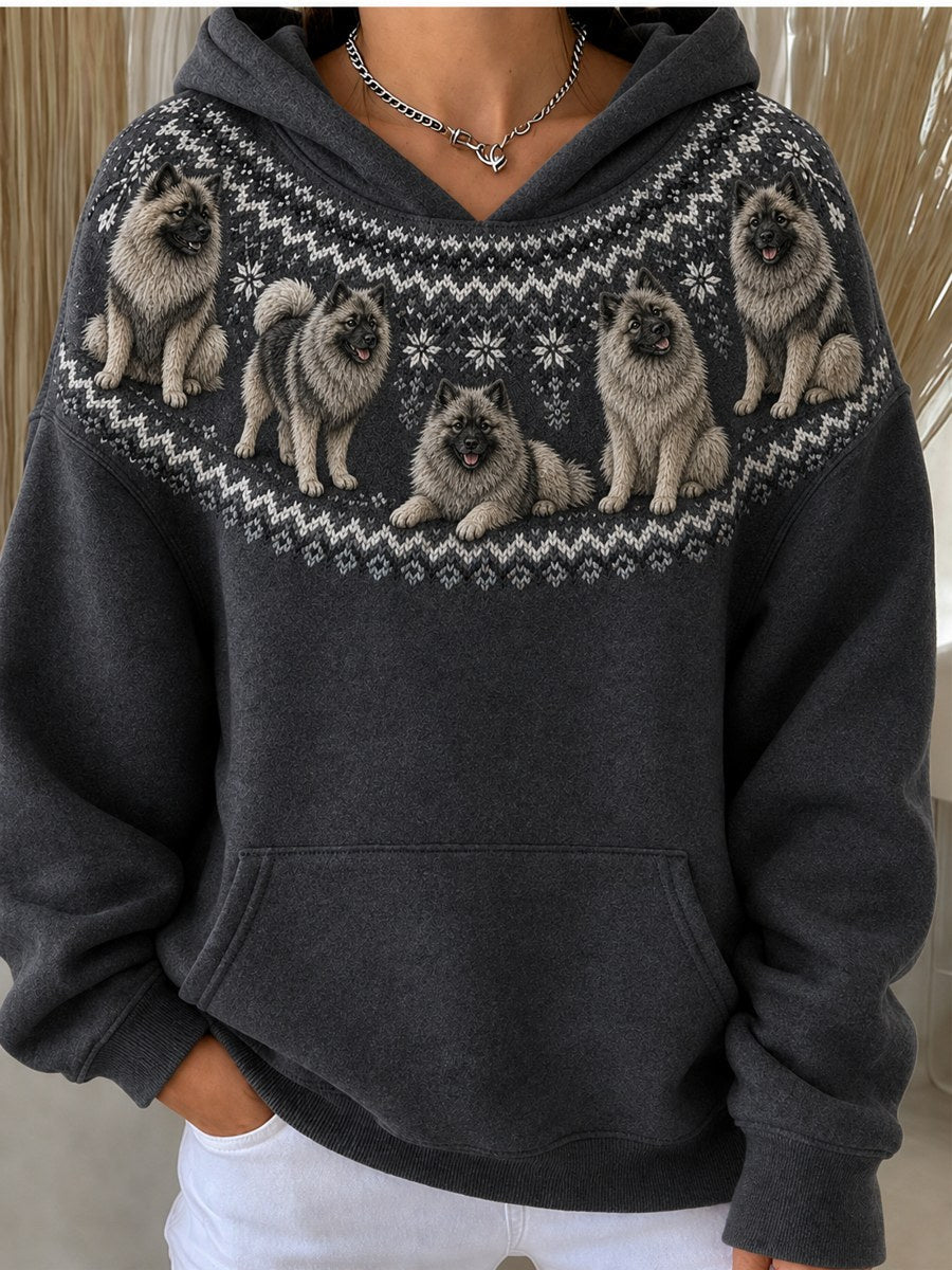 Damens Vintage Keeshond Hundar Yoke Isle Mönstrad Mysig Hoodie