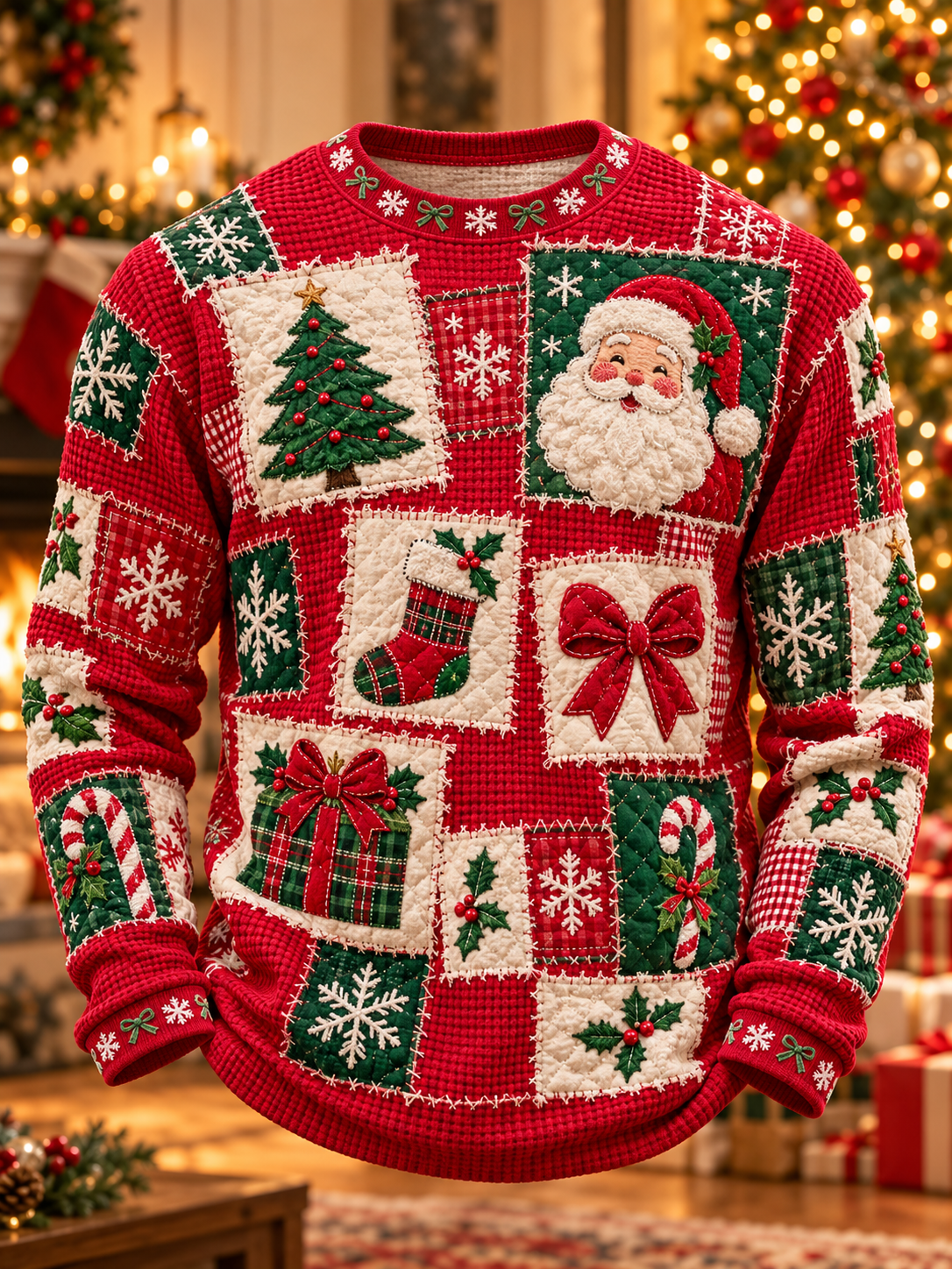 Mäns jul lappverk konst våffle lång ärm T-shirt