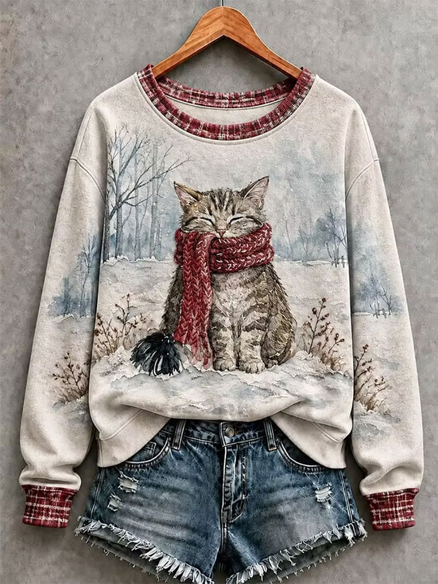 Damernas vintertröja med söt julig kattmotiv och konsttryck, normal passform