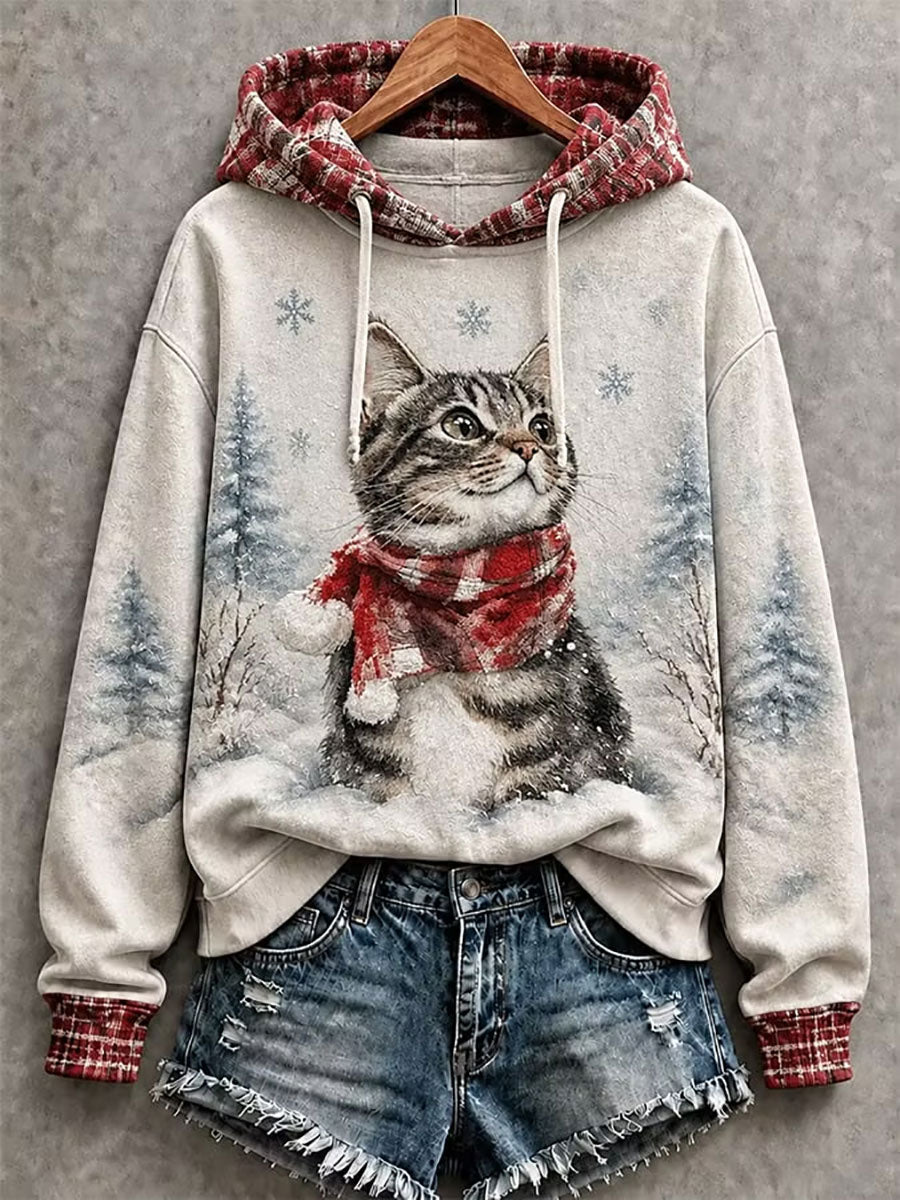 Damernas vintertröja med söt julig kattmotiv och konsttryck, normal passform