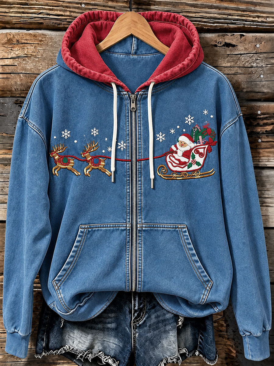 Kvinnors Vintage Santa Claus Christmas zip-Up Hoodie.