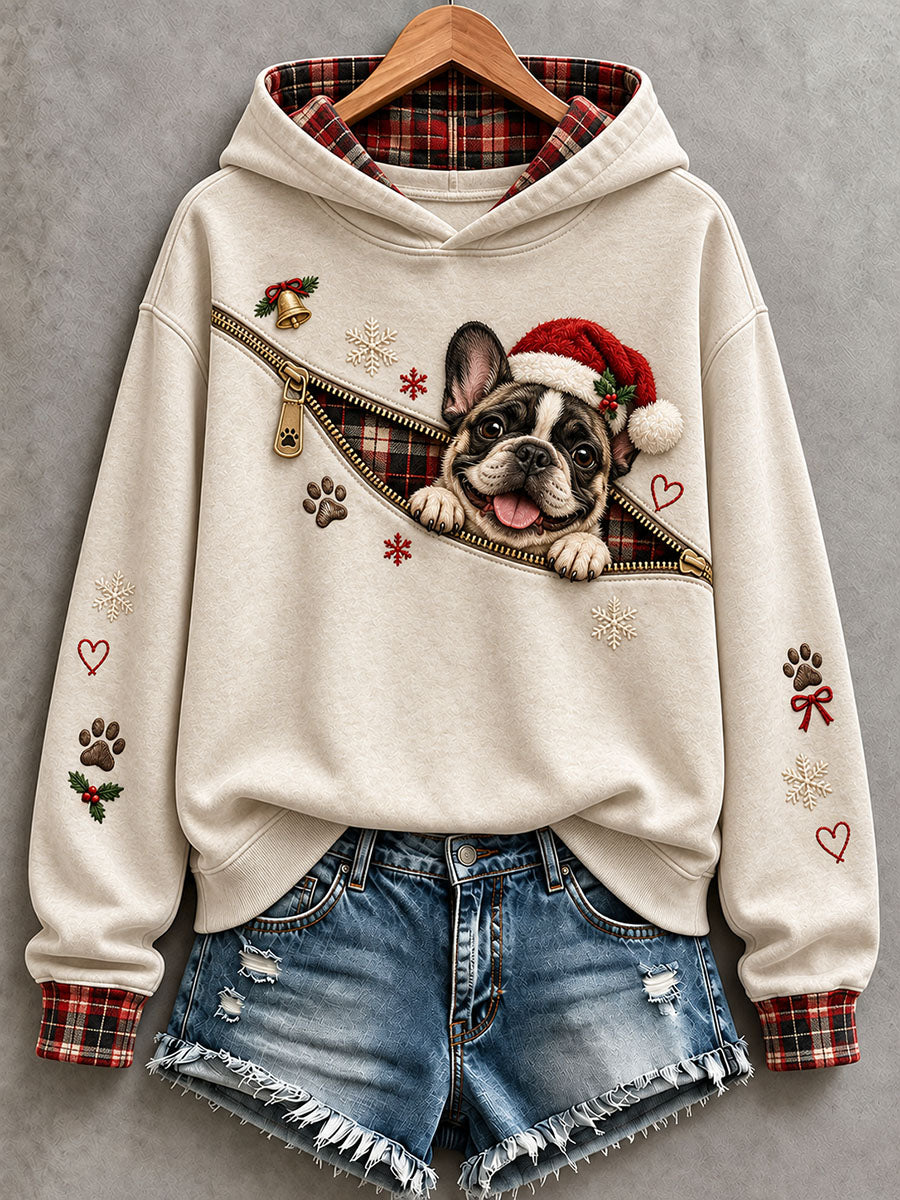 Kvinnors jul Franska Bulldog mönster Hoodie.