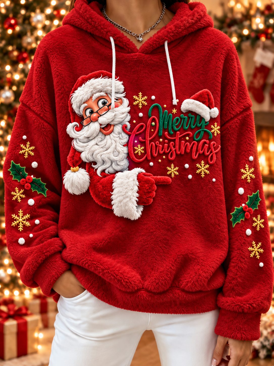 Kvinnors jul Santa Print Flannel Hoodie Flannel