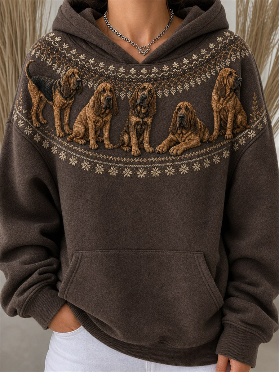 Damens Vintage Bloodhound Dogs Yoke Isle-mönstrad mysig hoodie