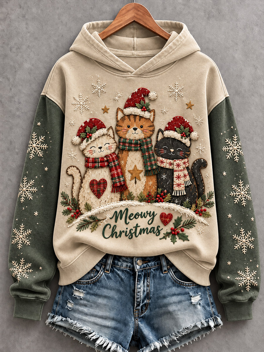 Kvinnors Vintage jul "Mena jul" Söta katter Konst regelbundna Hoodie.