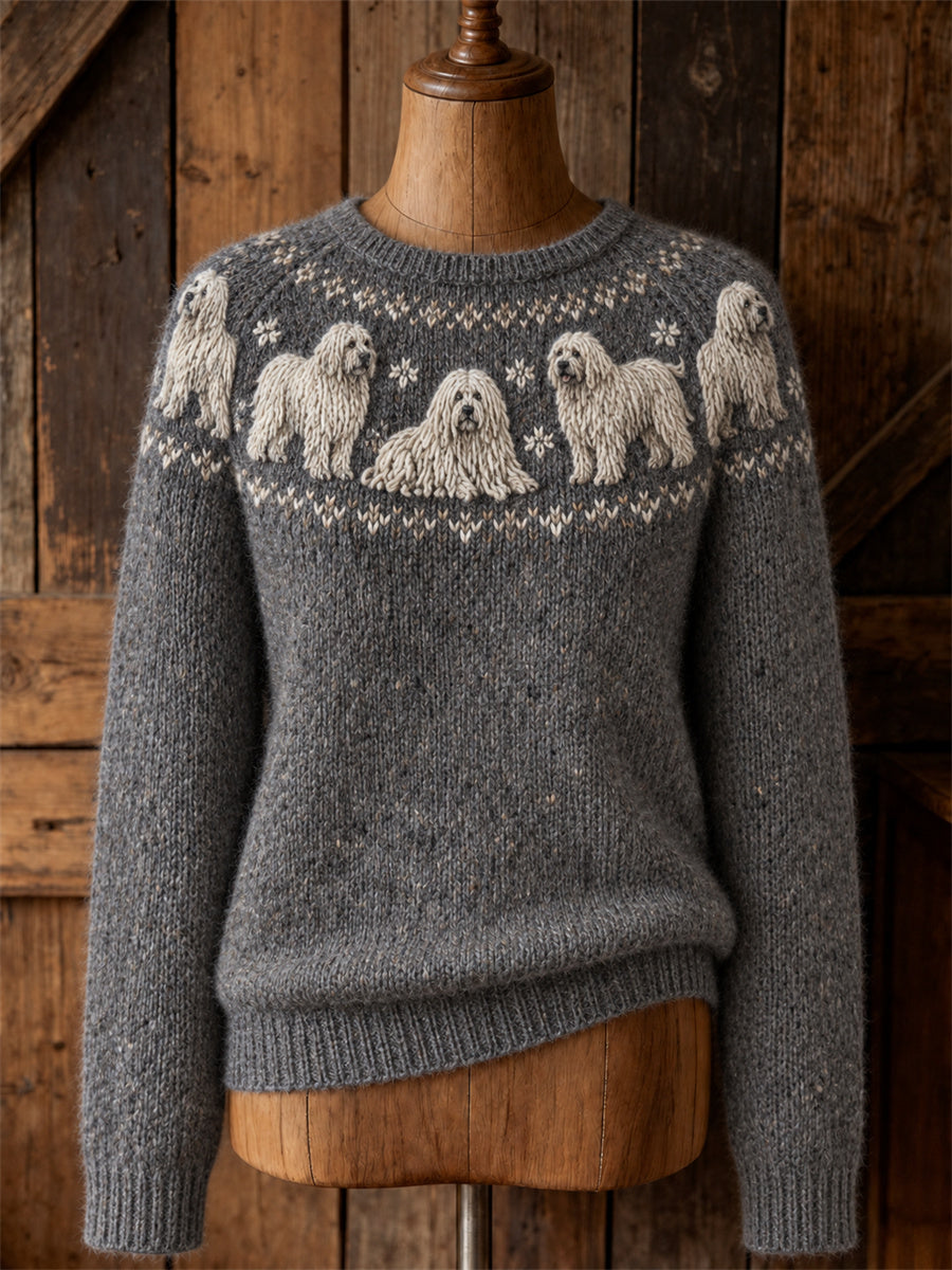 Kvinnors Vintage Komondor hundar Yoke Isle Mönster Skriv ut Mysig besättning hals tröjar
