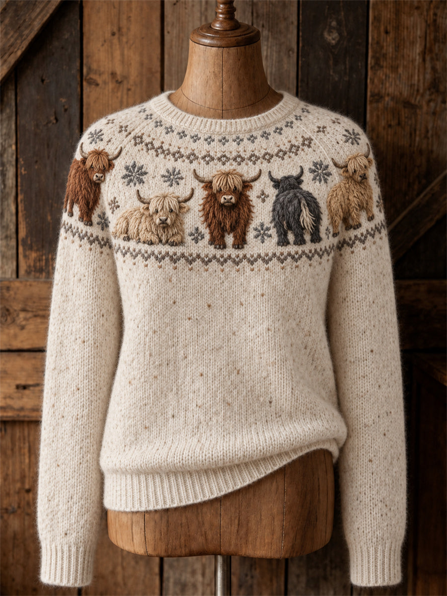 Kvinnors Vintage Highland Cows Yoke Isle Print besättning hals tröjar