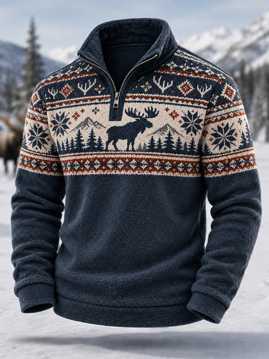 Herrkläder, vinter, älgmönstrad, avslappnad flanellpullover med dragkedja