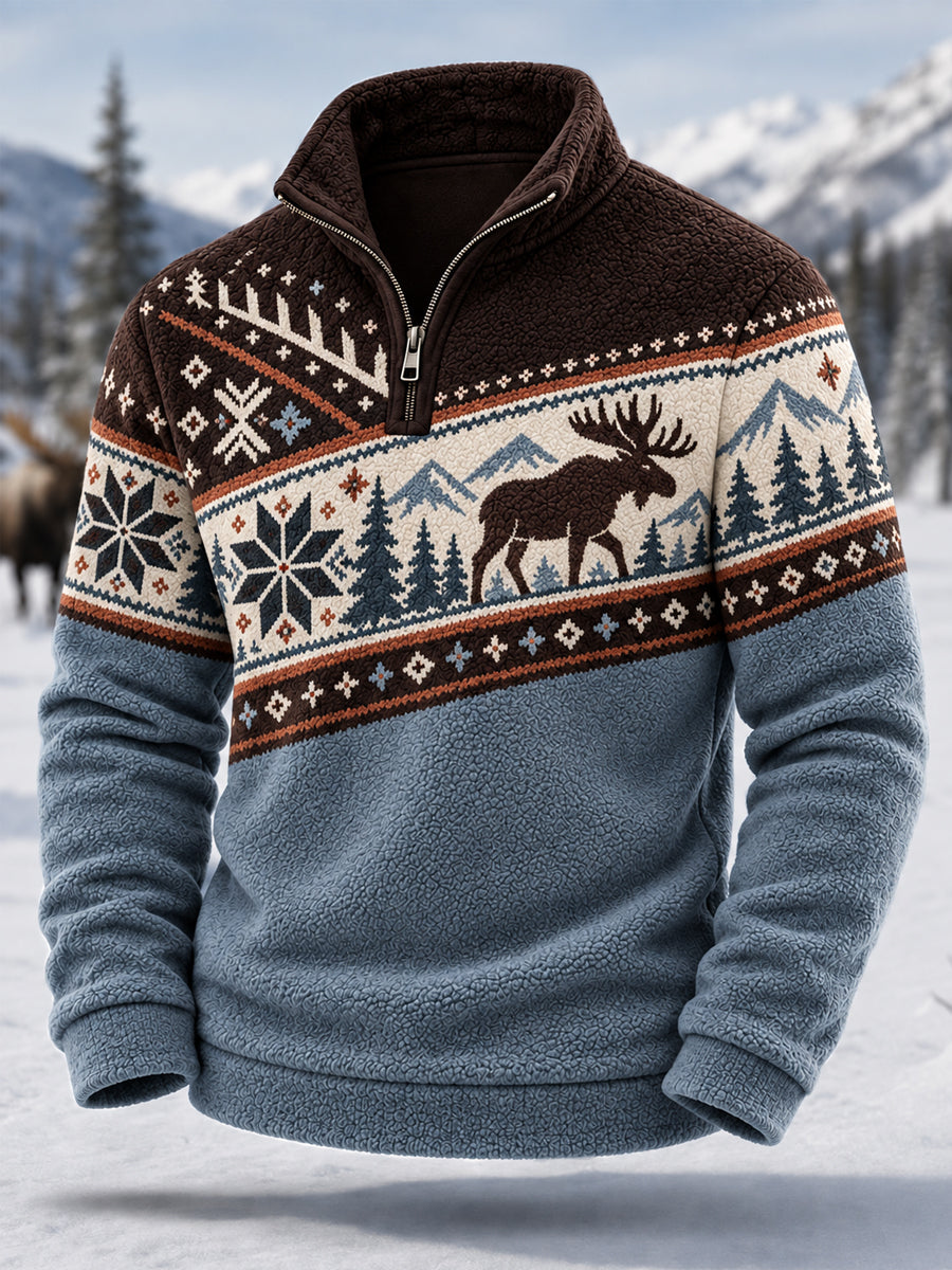 Herrkläder, vinter, älgmönstrad, avslappnad flanellpullover med dragkedja