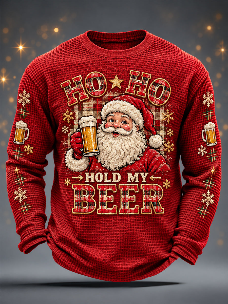 Mäns roliga jul Ho Ho håll min öl jultomten Print Casual våffle lång ärm T-shirt