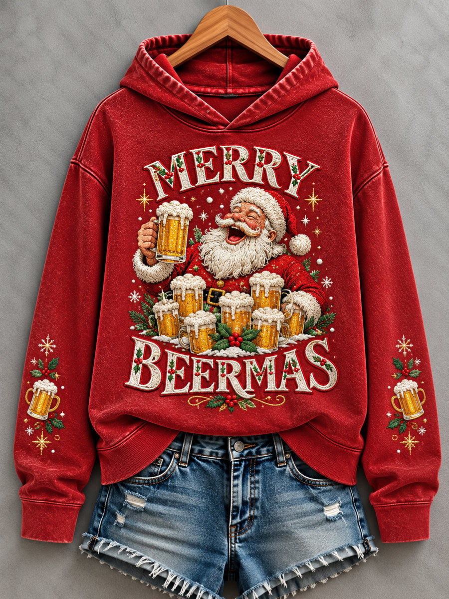 Kvinnors roliga jul Glad Beermas Santa Claus Print Casual Hoodie Print