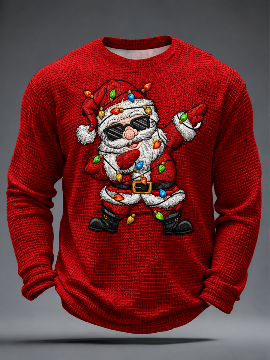 Herr-T-shirt med julgransklassikertryck och våffelmönster, långärmad