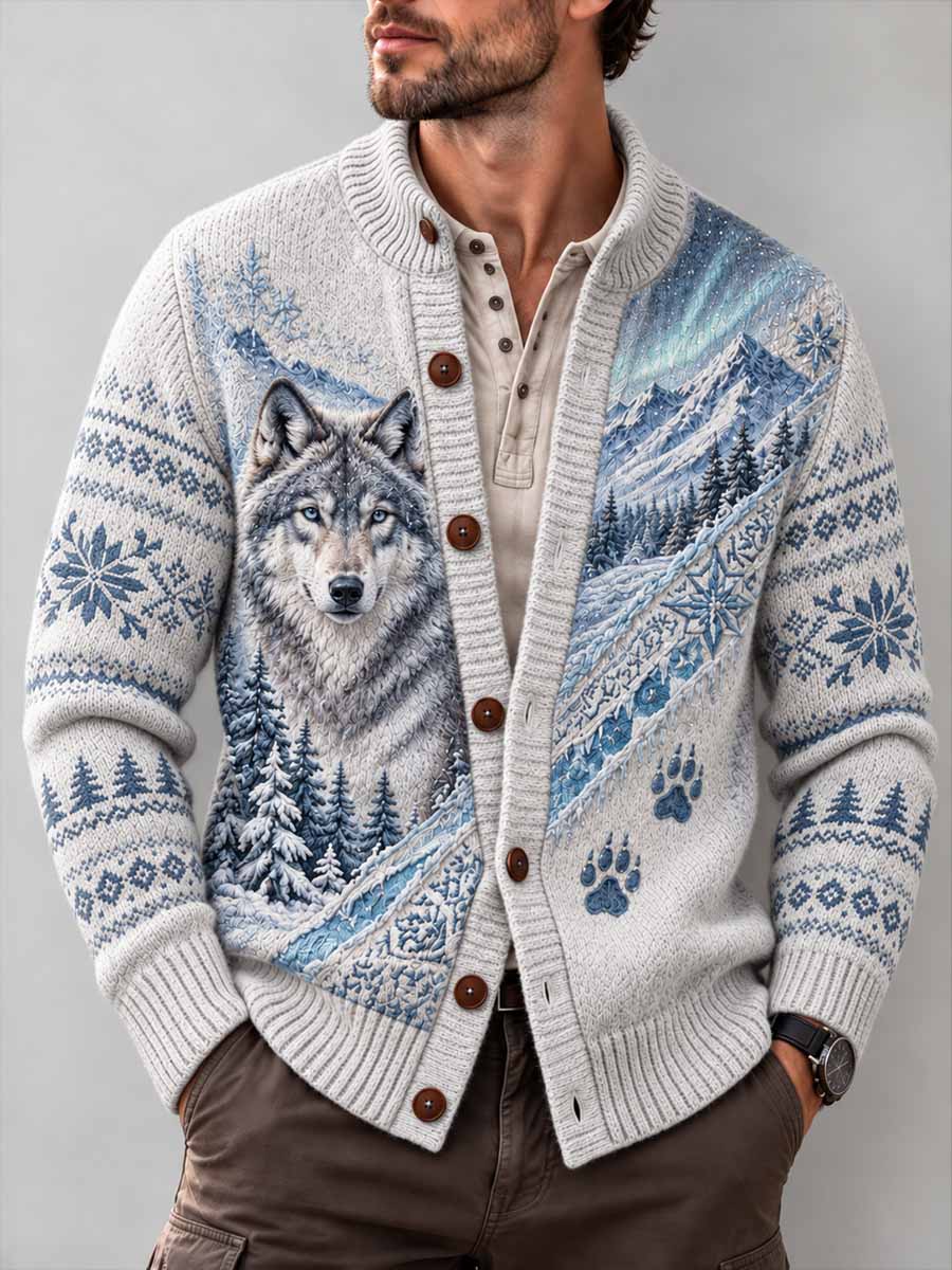 Mäns vinter Arctic Wolf mönster tryckt cardigan