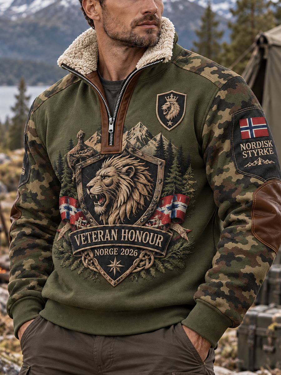 Herrtröja med fleecefoder och hög krage, med minnesmärke för militärveteraner