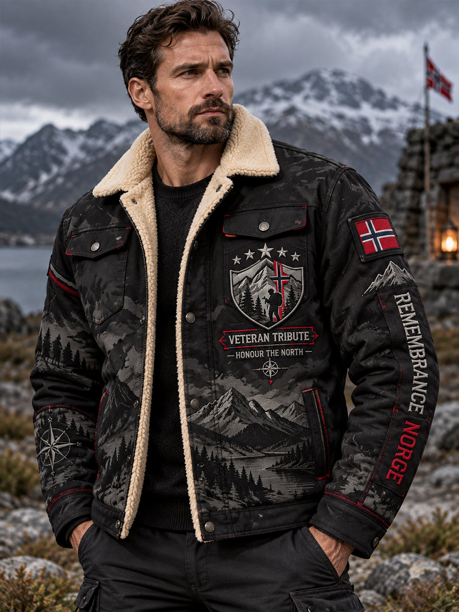 Mäns fleece-lined jacka med militär veteran minnesmärke