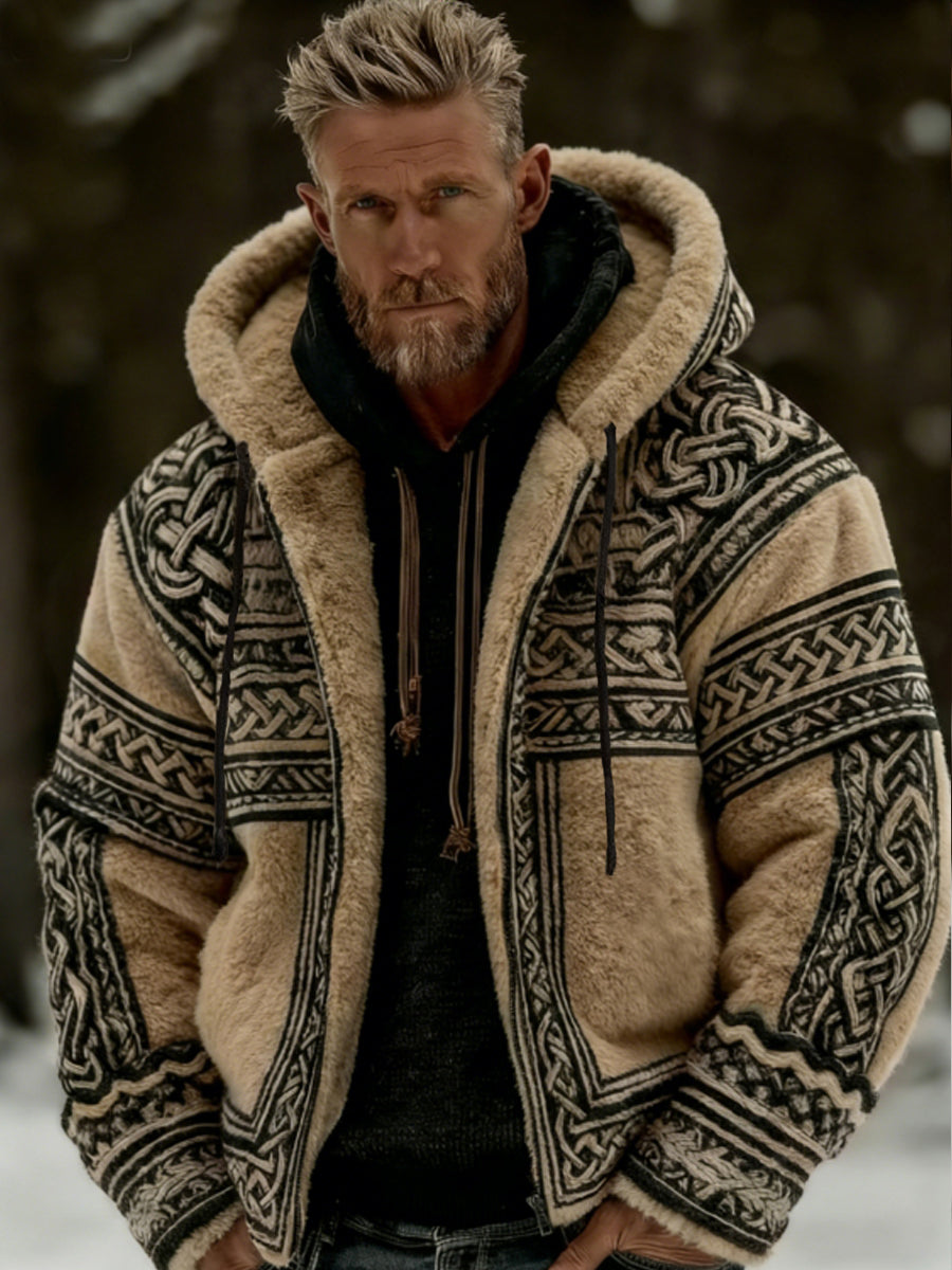 Mäns viking keltiska konst plush mysig varm dragkedja Flannel jacka