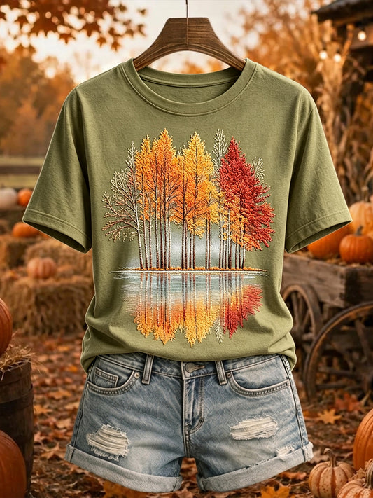 Damens Vintage Höstträd Skriv ut Mysig kortärmad T-shirt