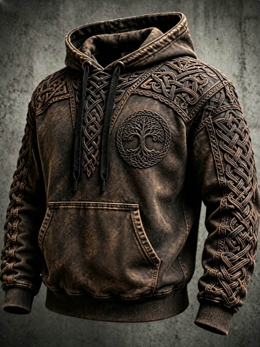 Herrtröja i retrovikingastil med valknutmotiv och livsträd, överdimensionerad huvtröja med fallande axlar