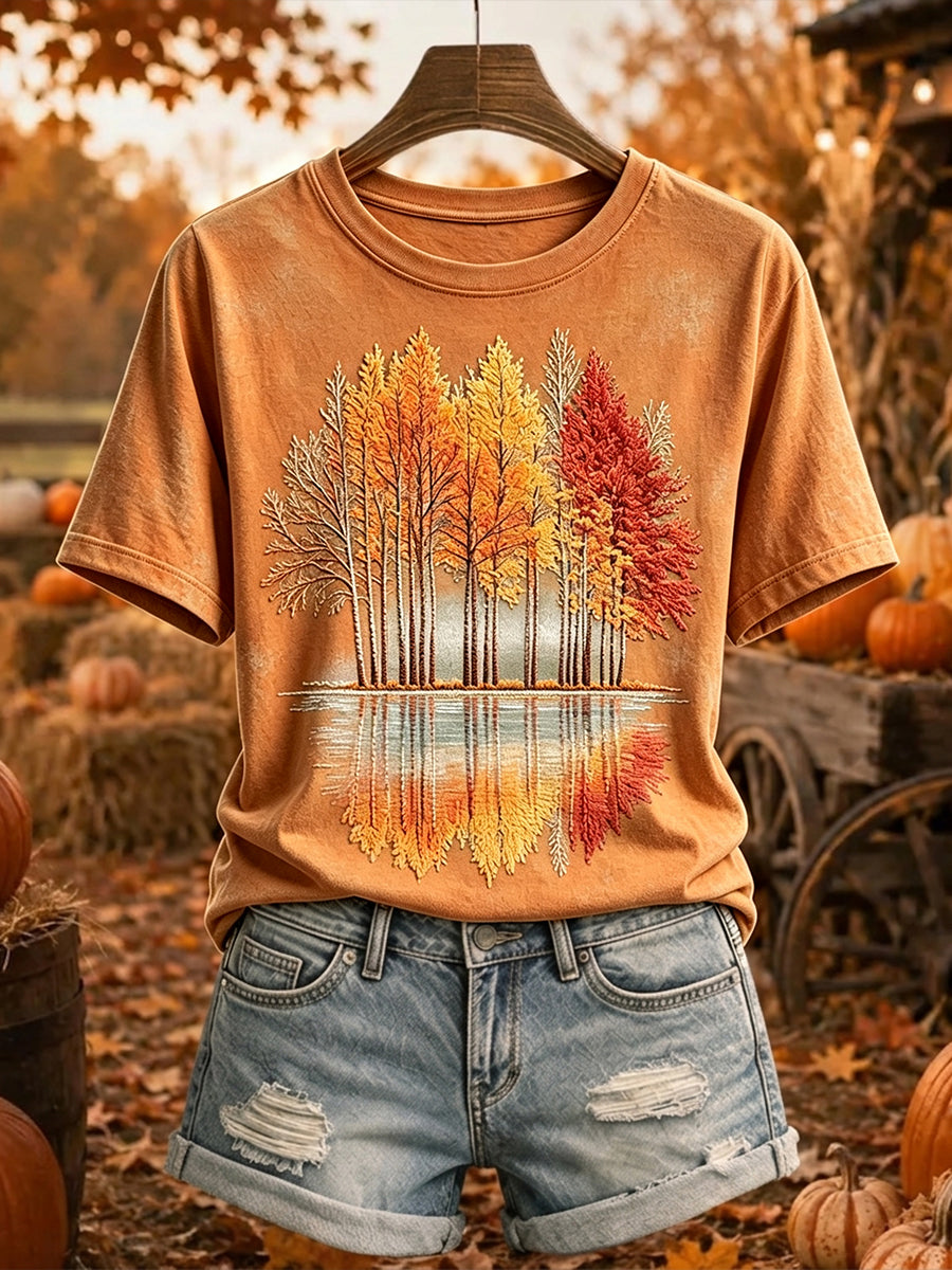 Damens Vintage Höstträd Skriv ut Mysig kortärmad T-shirt