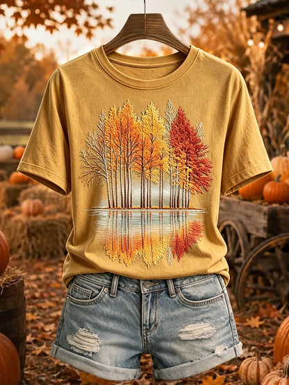 Damens Vintage Höstträd Skriv ut Mysig kortärmad T-shirt