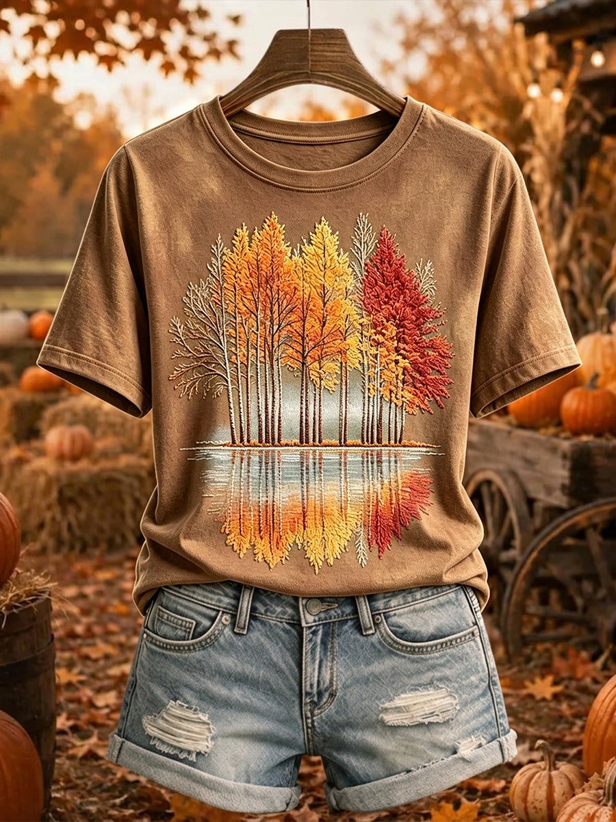 Damens Vintage Höstträd Skriv ut Mysig kortärmad T-shirt
