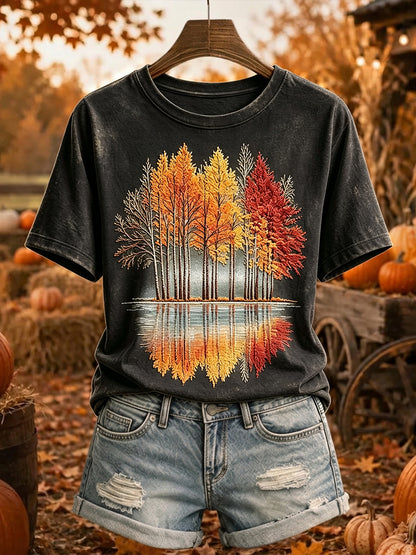 Damens Vintage Höstträd Skriv ut Mysig kortärmad T-shirt