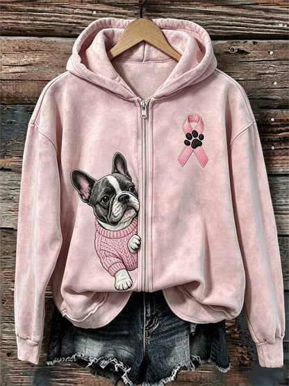 Kvinnors kikande Franska Bulldog Pink Ribbon Bröstcancer medvetenhet full Zip Hoodie.