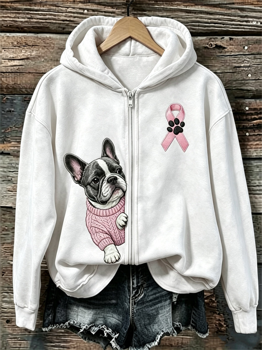 Kvinnors kikande Franska Bulldog Pink Ribbon Bröstcancer medvetenhet full Zip Hoodie.
