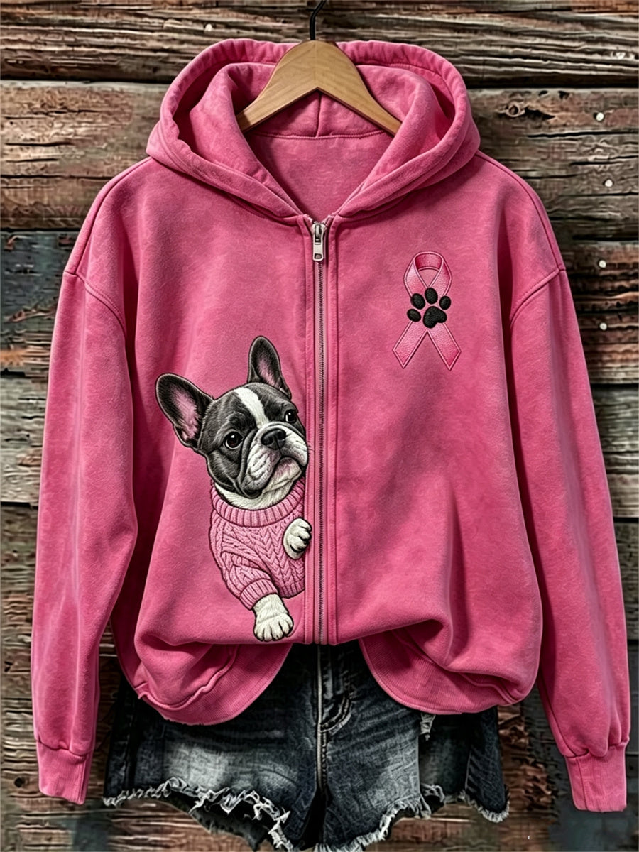 Kvinnors kikande Franska Bulldog Pink Ribbon Bröstcancer medvetenhet full Zip Hoodie.