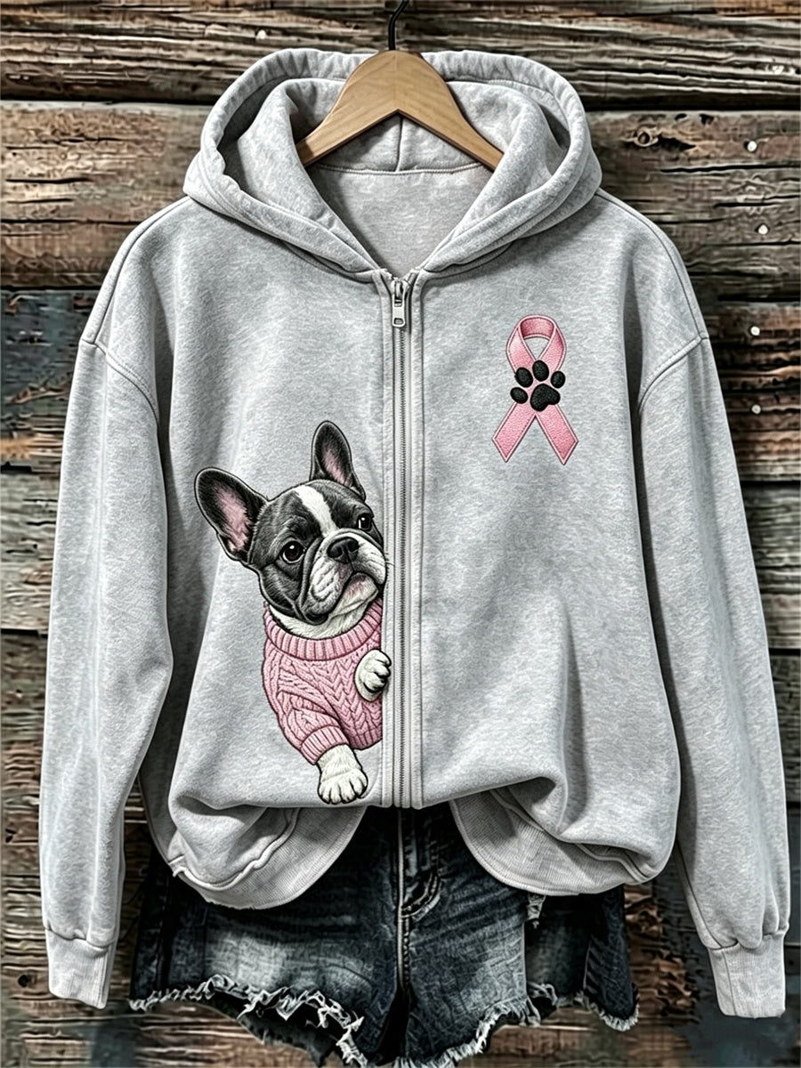 Kvinnors kikande Franska Bulldog Pink Ribbon Bröstcancer medvetenhet full Zip Hoodie.