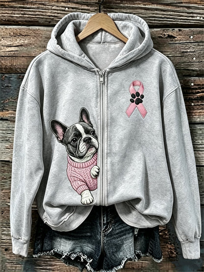 Kvinnors kikande Franska Bulldog Pink Ribbon Bröstcancer medvetenhet full Zip Hoodie.