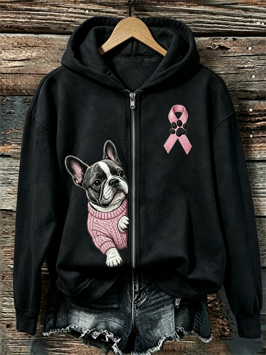 Kvinnors kikande Franska Bulldog Pink Ribbon Bröstcancer medvetenhet full Zip Hoodie.