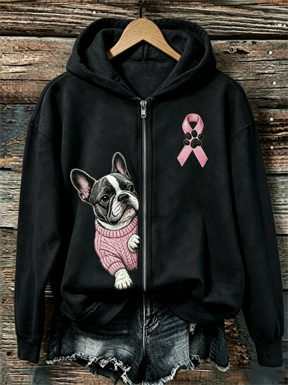 Kvinnors kikande Franska Bulldog Pink Ribbon Bröstcancer medvetenhet full Zip Hoodie.