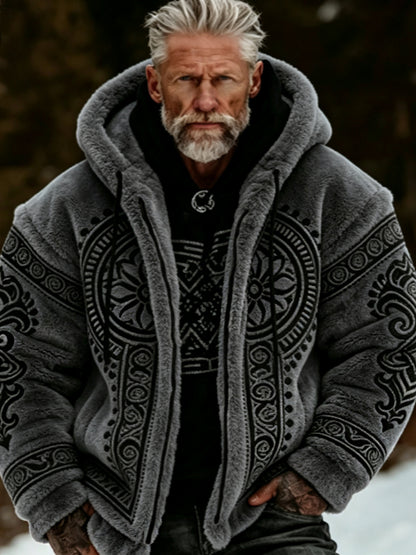 Herrlig viking- och keltiskt konstnärlig plyschjacka med dragkedja och huva, mysigt varm