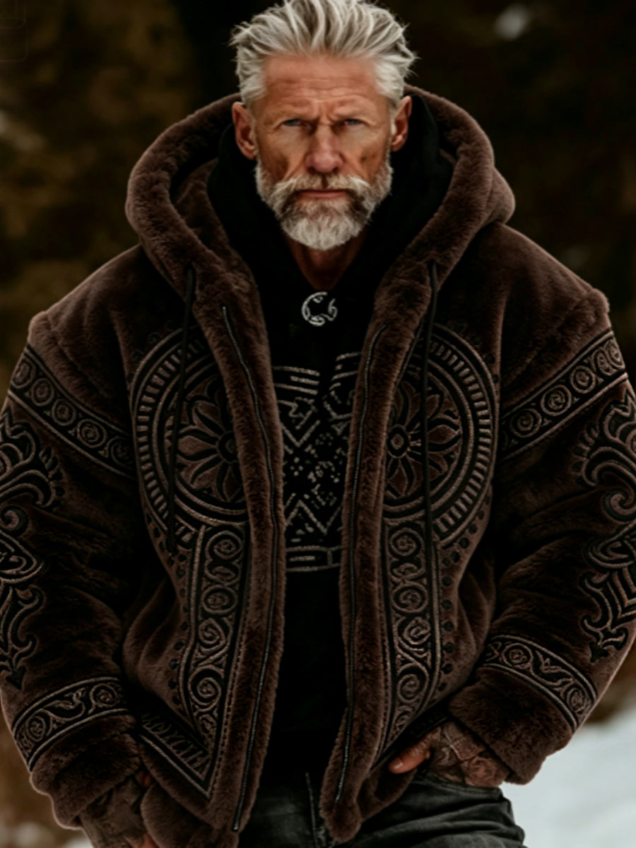 Herrlig viking- och keltiskt konstnärlig plyschjacka med dragkedja och huva, mysigt varm