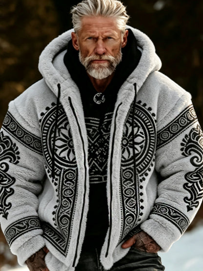 Herrlig viking- och keltiskt konstnärlig plyschjacka med dragkedja och huva, mysigt varm