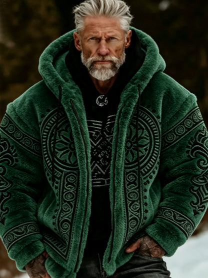 Herrlig viking- och keltiskt konstnärlig plyschjacka med dragkedja och huva, mysigt varm