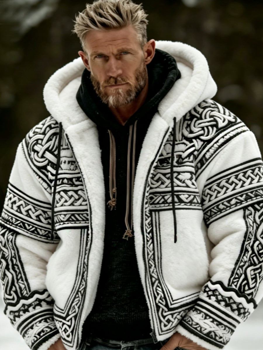 Mäns viking keltiska konst plush mysig varm dragkedja Flannel jacka