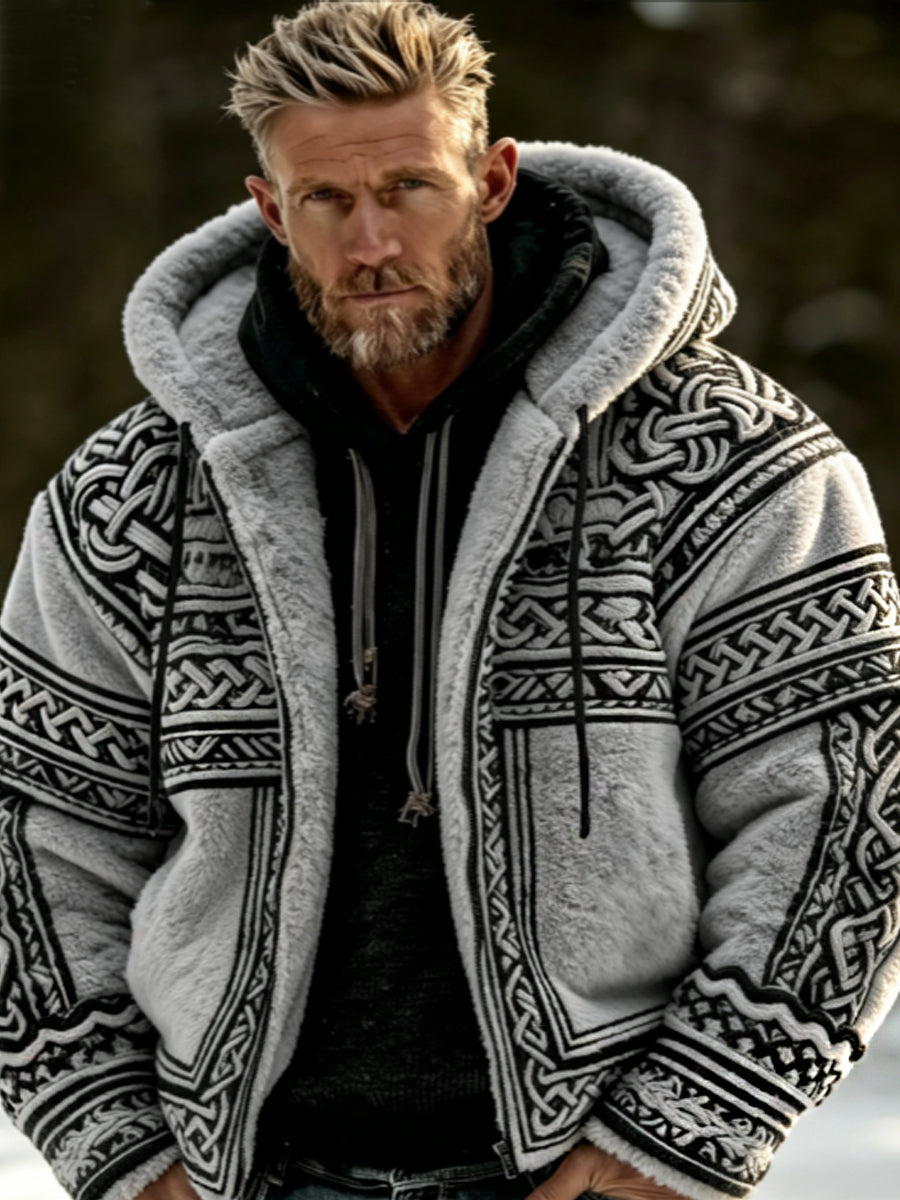 Mäns viking keltiska konst plush mysig varm dragkedja Flannel jacka