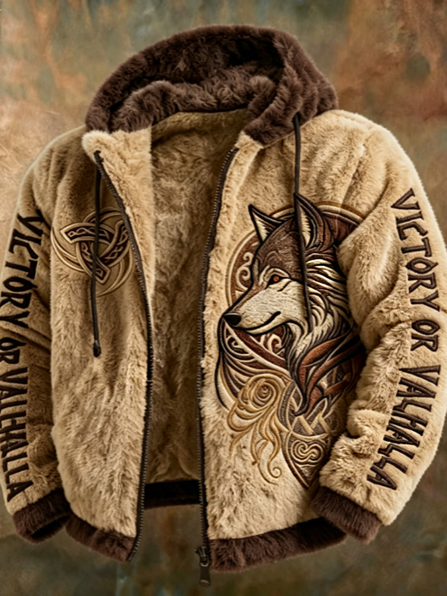 Mäns Viking Tribal Jacquard Celtic med vargar inspirerad Plush varm dragkedjacka
