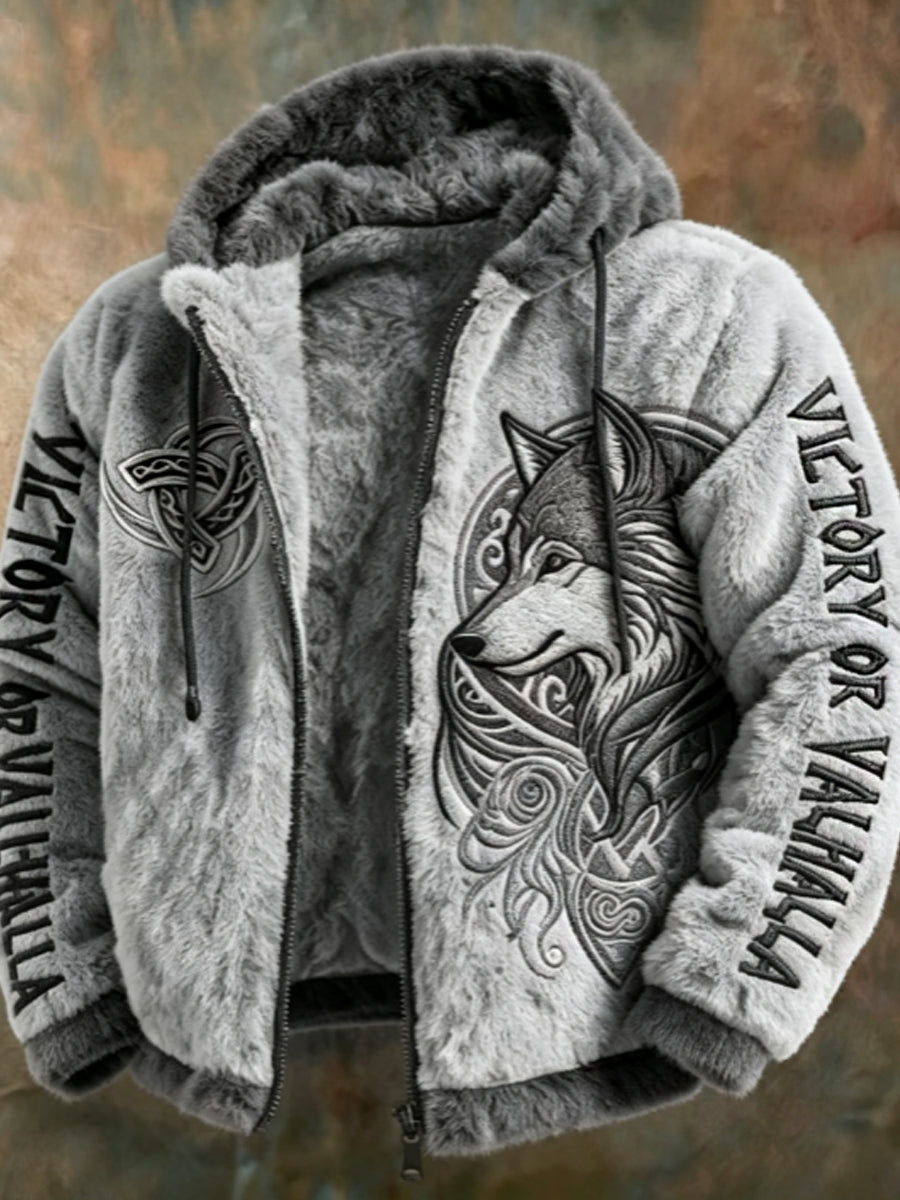 Mäns Viking Tribal Jacquard Celtic med vargar inspirerad Plush varm dragkedjacka